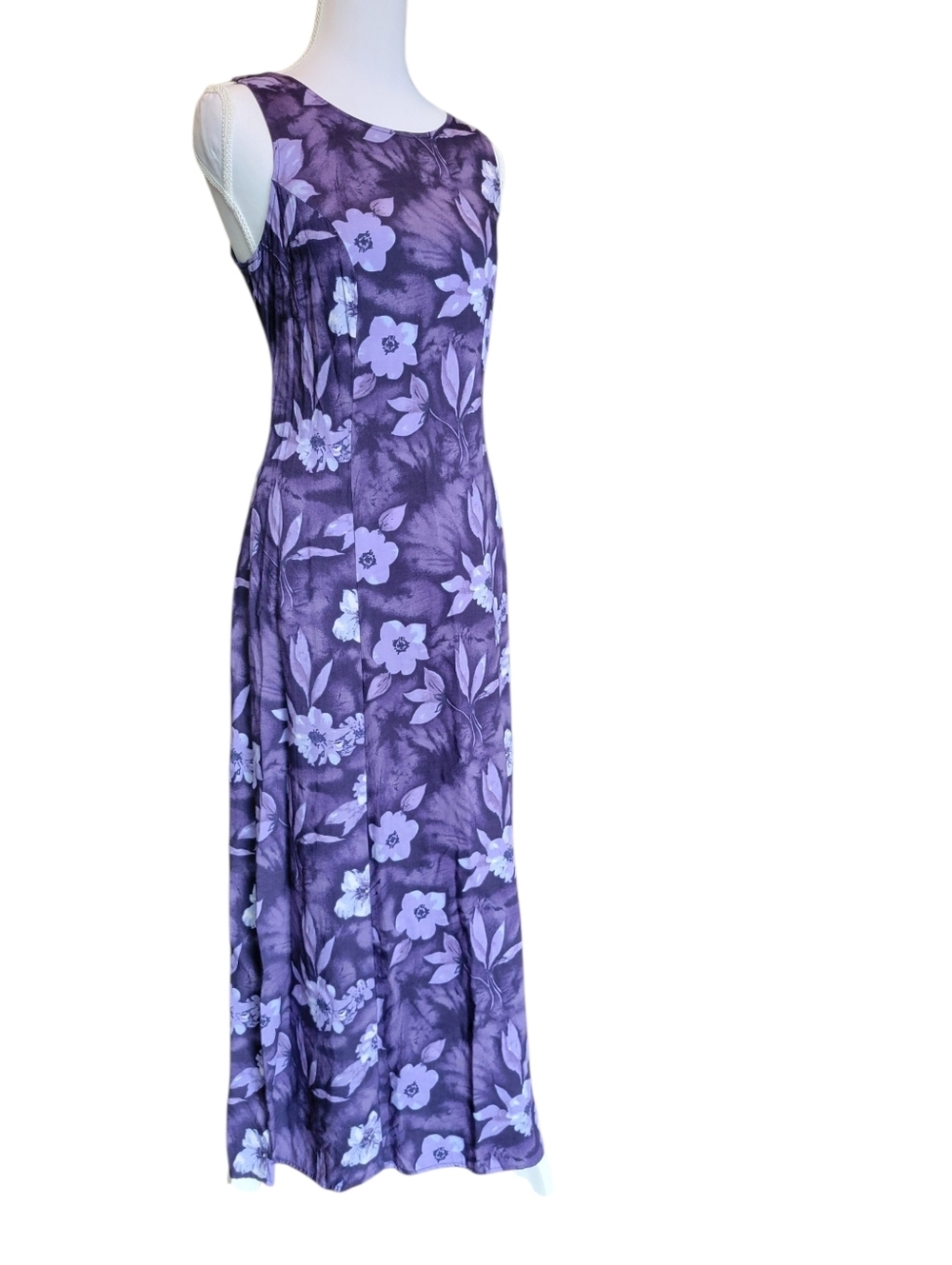 Vintage 90s 100% Rayon Purple Floral Sleeveless Midi Maxi Dress - Picture 3 of 7